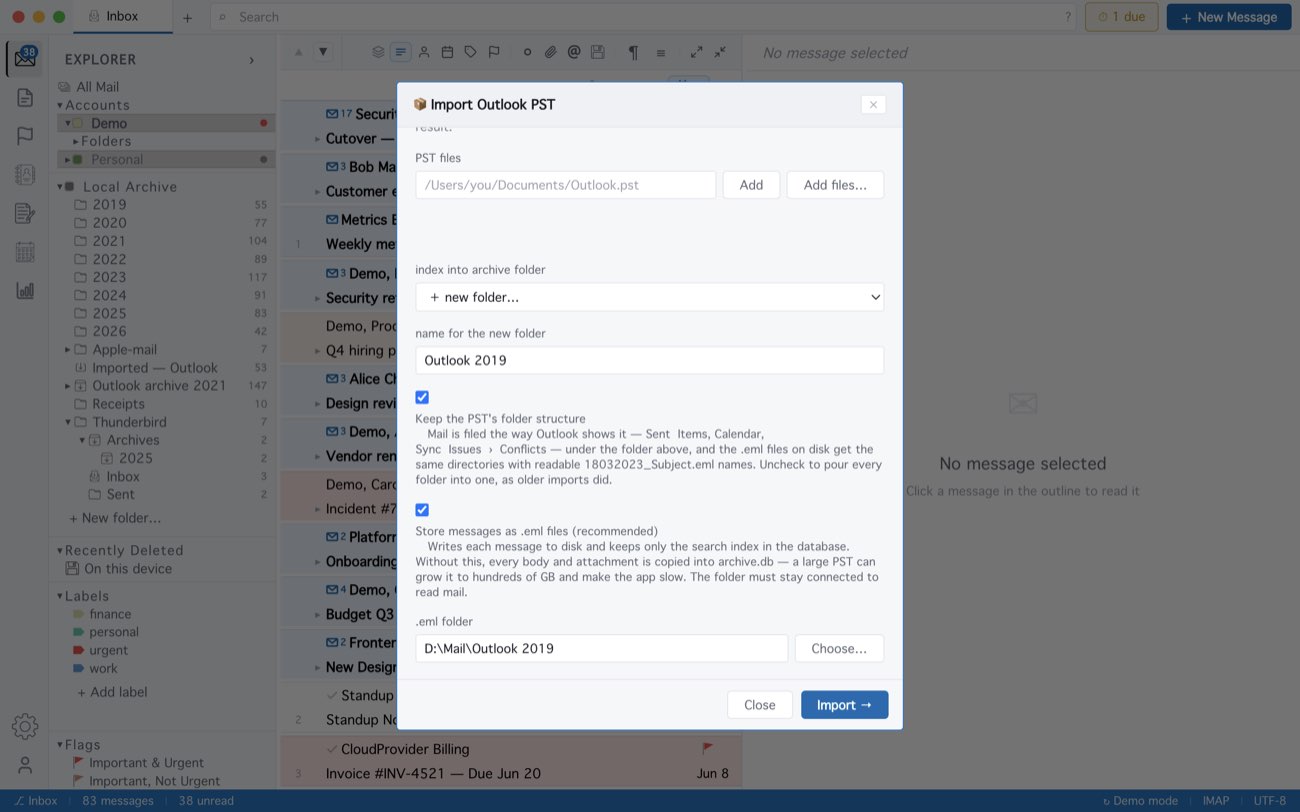 MailCode: Import PST… with “Store messages as .eml files” ticked.