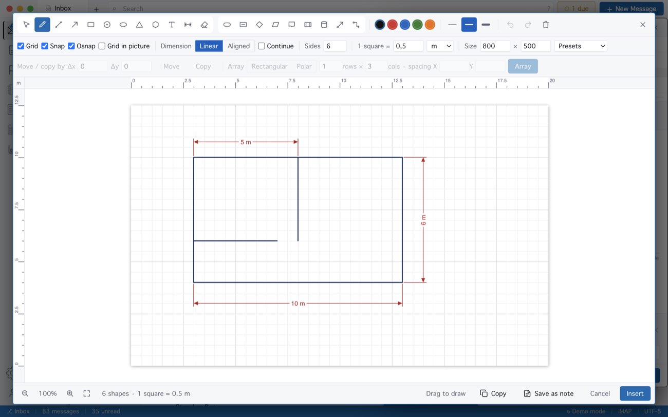 MailCode: The sketchpad: a floor plan with dimension lines at 1 square = 0.5 m.