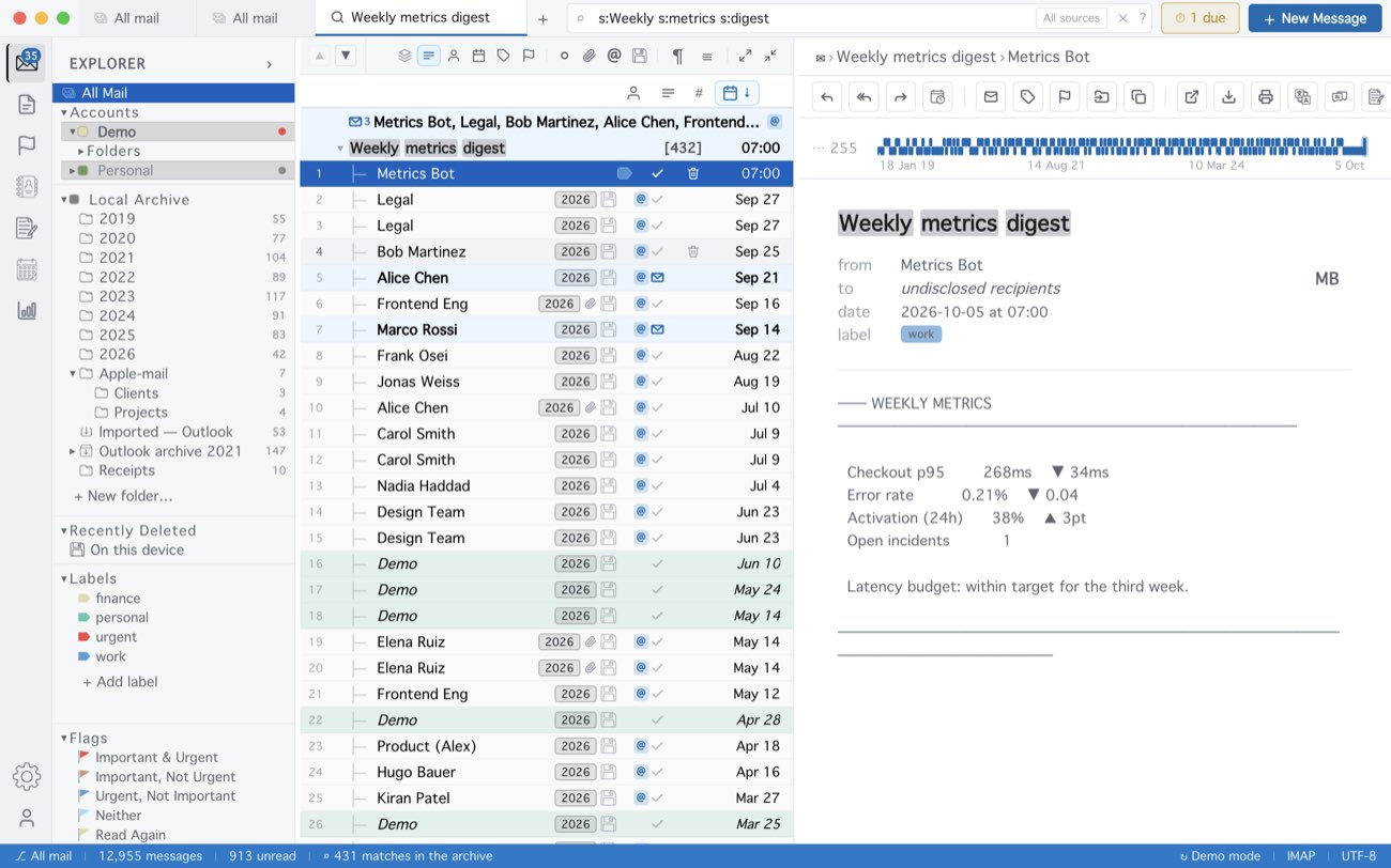 MailCode: Find Related… on “Weekly metrics digest”, in a tab of its own.