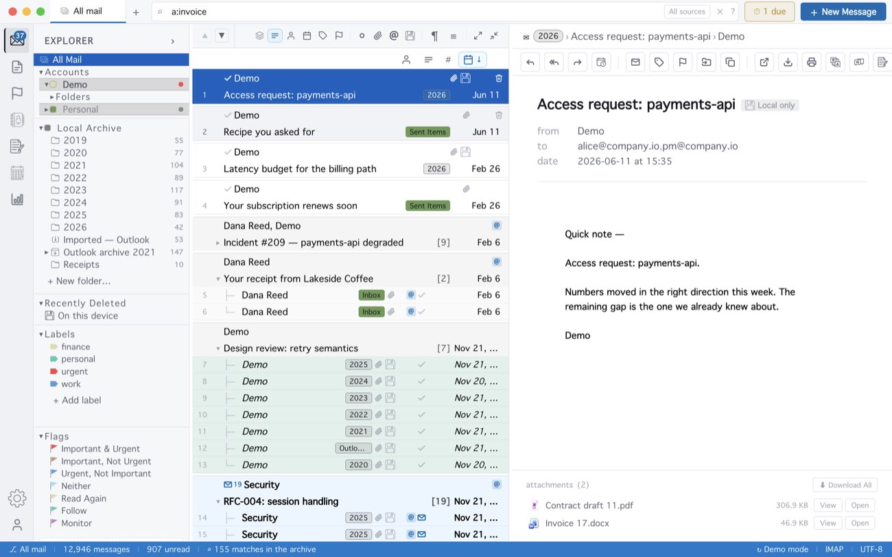 MailCode: a:invoice across All Mail: 155 matches, with the files in the opened message listed under it.