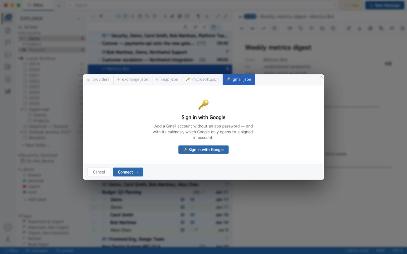 MailCode: Add Account ▸ Gmail: sign in with Google, no app password.