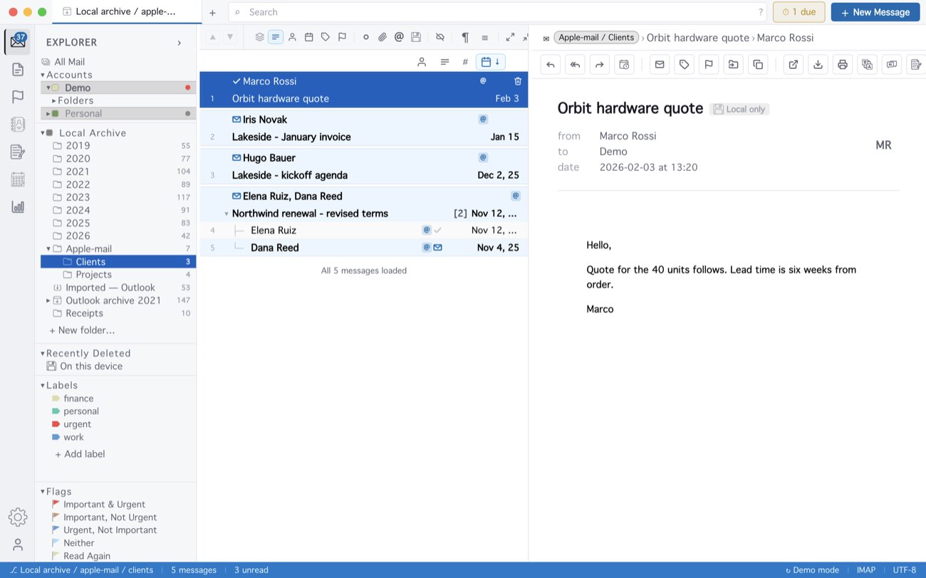 MailCode: Two Apple Mail mailboxes, indexed into the local archive as folders of their own.