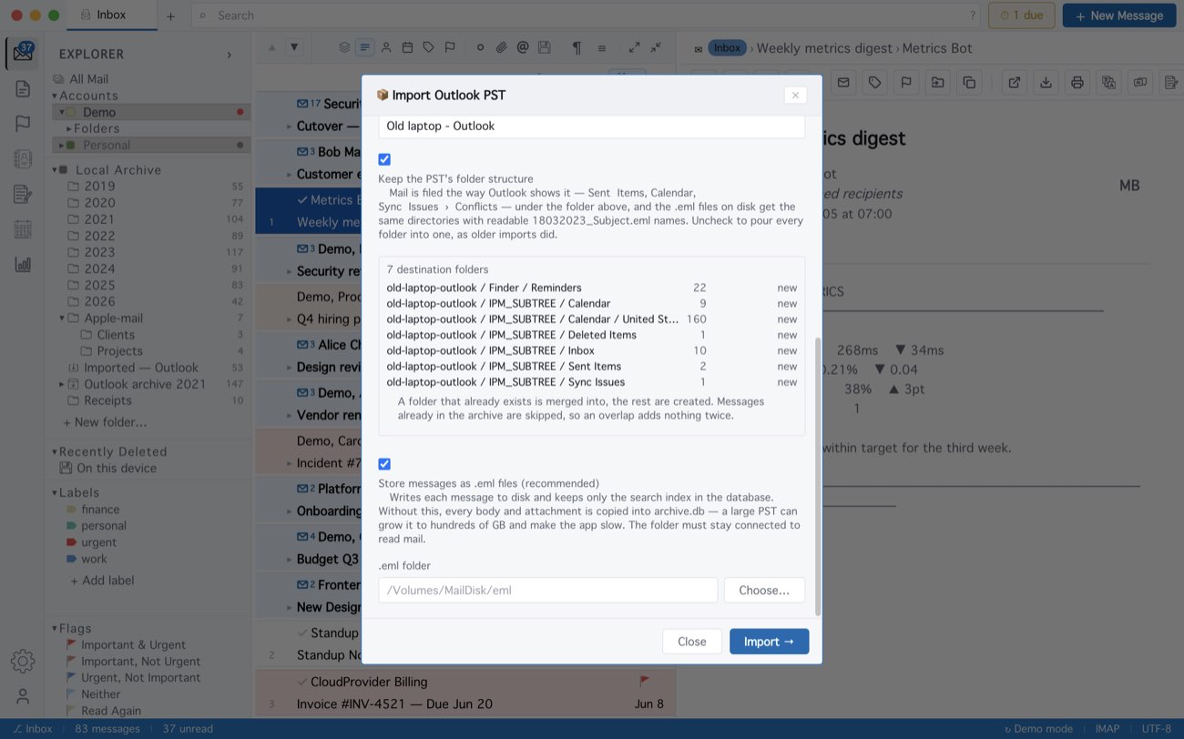 MailCode: An .ost in Import PST…, its folders listed before anything is written.