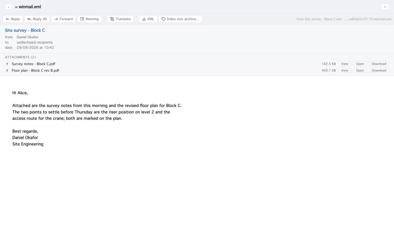 MailCode: A winmail.dat unpacked: the message Outlook wrapped, and its two files.