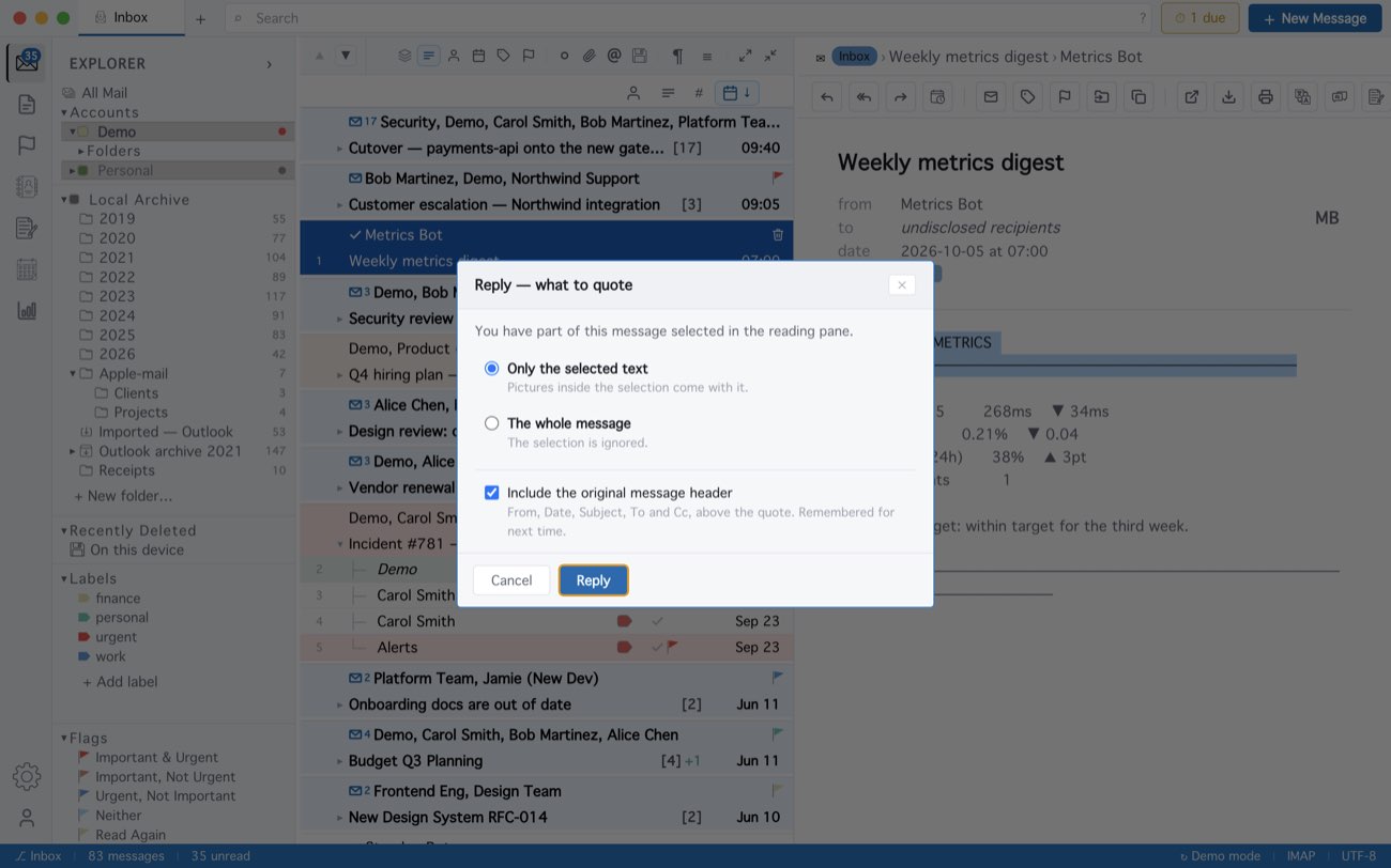 MailCode: Reply — what to quote: only the selected text, or the whole message.