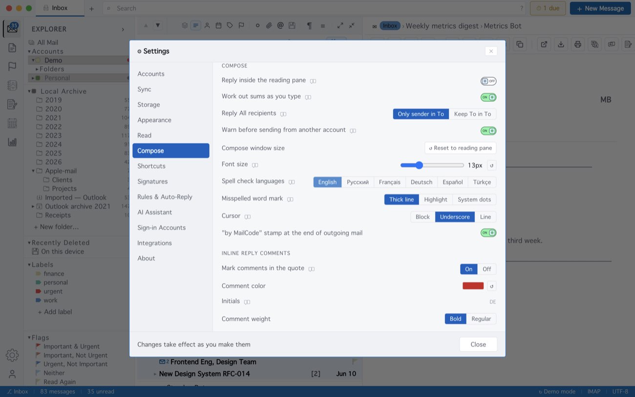 MailCode: Settings ▸ Compose: the colour, initials and weight of comments in a quote.
