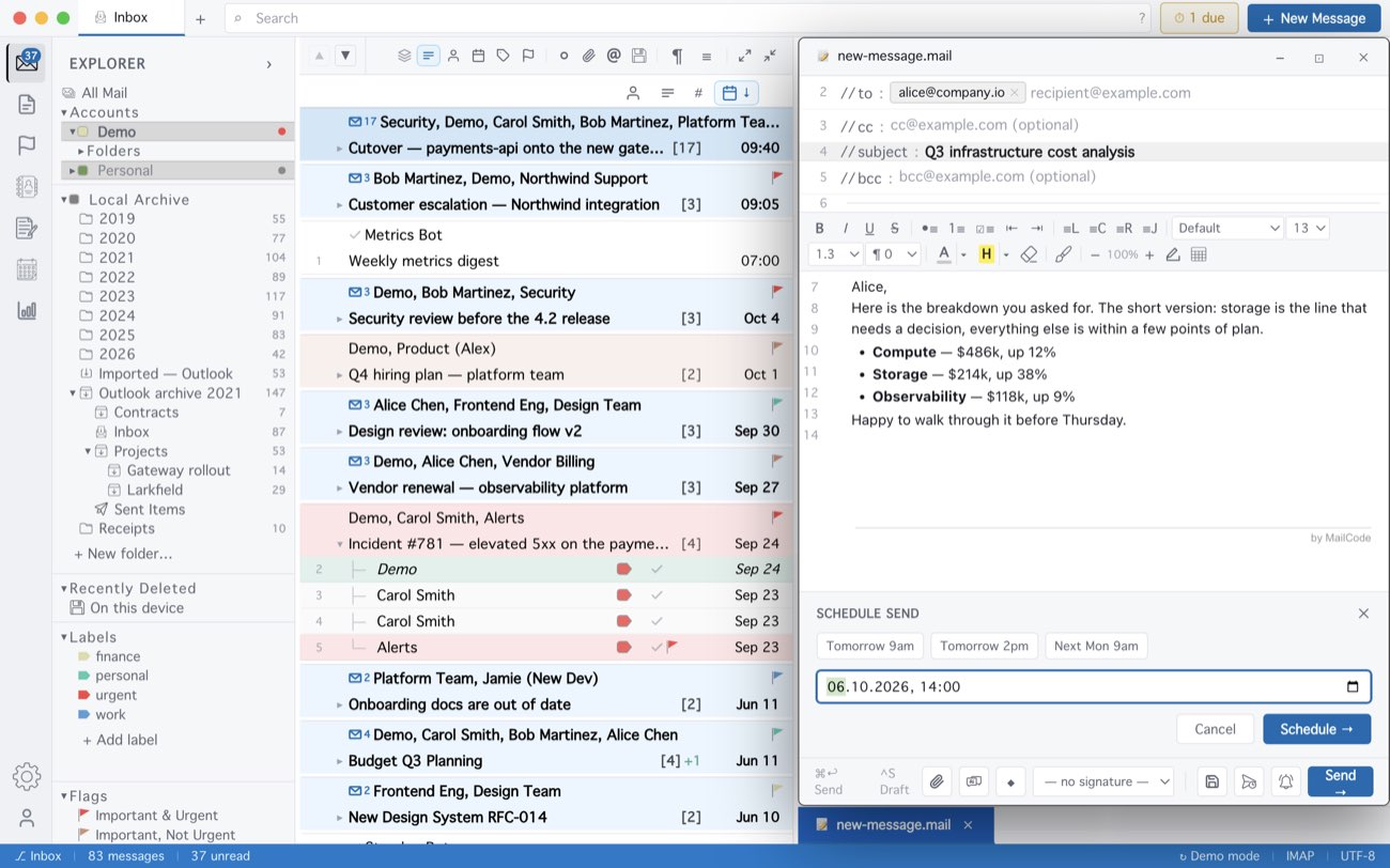 MailCode: Schedule send, opened from the composer.