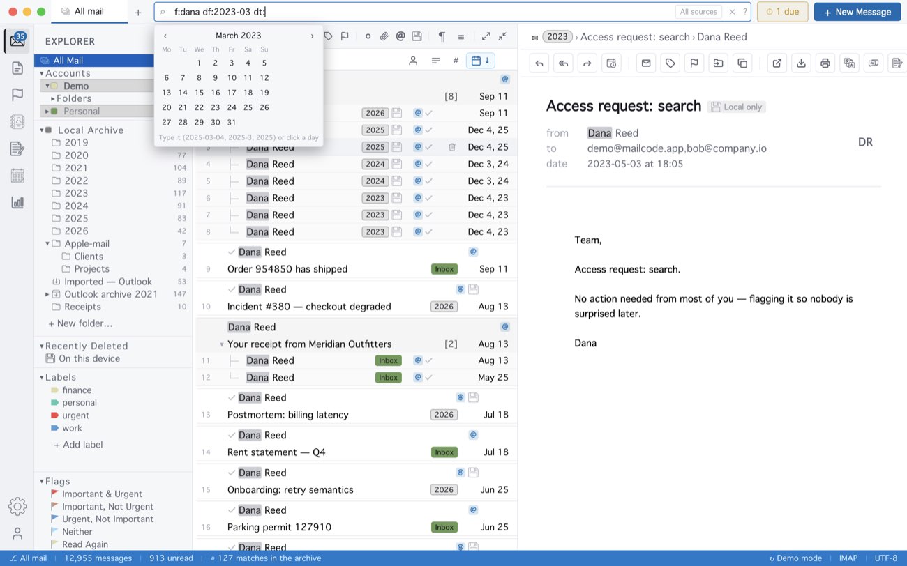 MailCode: f:dana df:2023-03 dt: — the calendar opens on the date being typed.