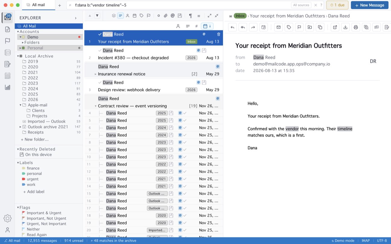 MailCode: b:"vendor timeline"~5 — the two words within five of each other.