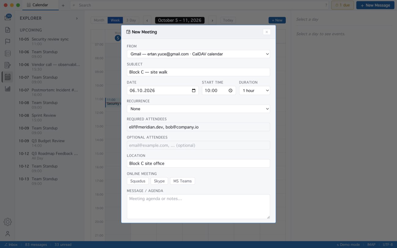 MailCode: A new meeting from a Gmail account, its CalDAV calendar named under From.